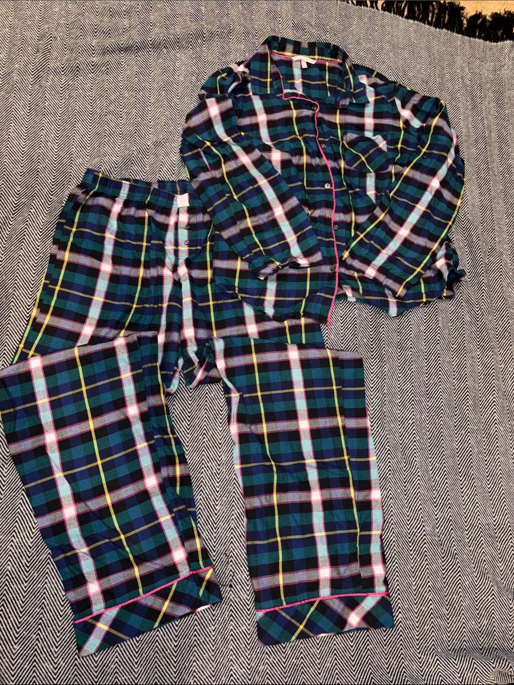 Victoria's Secret Plaid Pajama Set - Navy, Green & Pinky